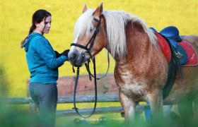 Eine Frau steht neben einem gesattelten Pferd und h&auml;lt die Z&uuml;gel. Im Hintergrund ist eine gelbe Wand zu sehen.