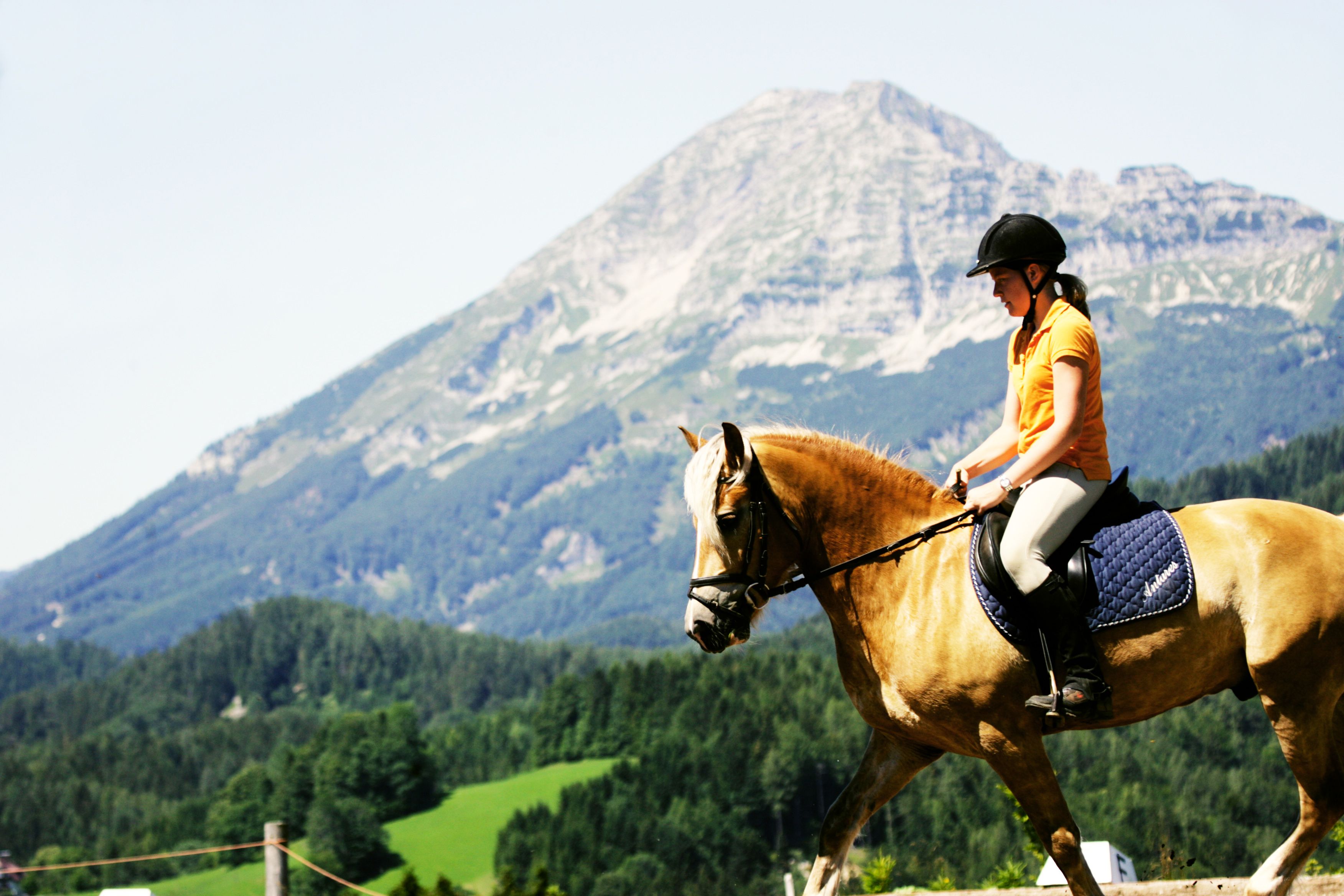 A female rider on a brown horse in front of a mountain backdrop.