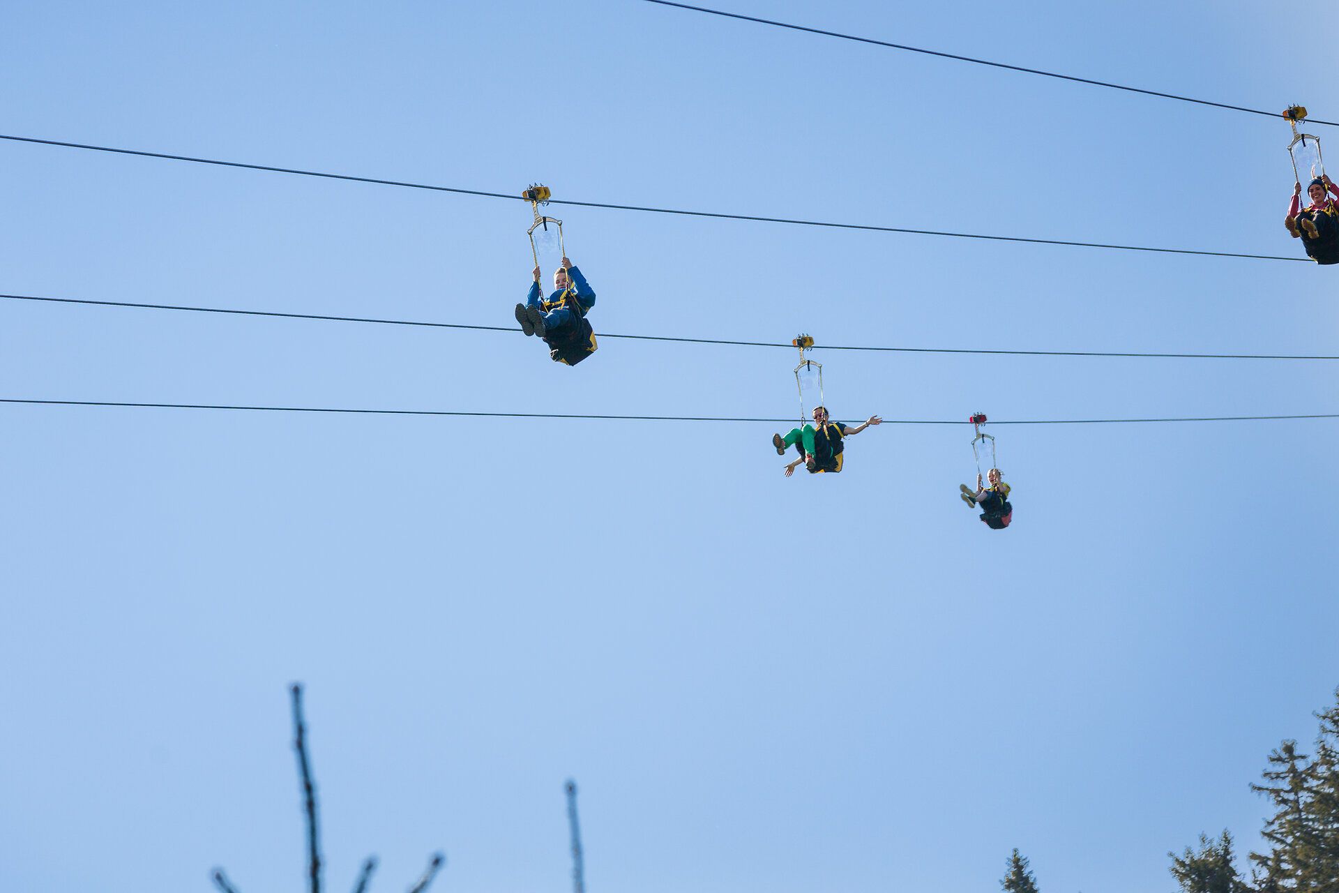 Vier Personen sitzen gesichert in den Gurten der Zipline und gleiten gleichzeitig auf parallel verlaufenden Seilen durch die Luft. Sie bewegen sich mit etwas Abstand zueinander in Richtung Tal, im Hintergrund ist ein klarer blauer Himmel zu sehen.