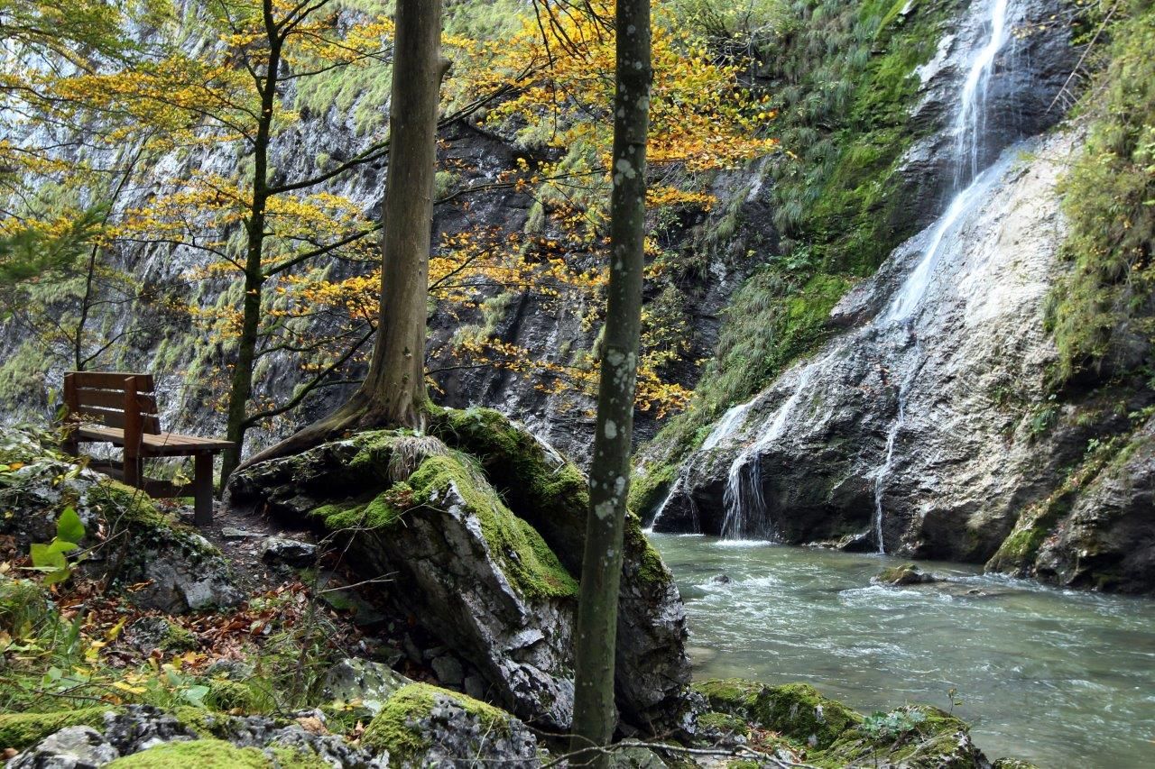 Bench by the river in the Ötscher Tormäuer Nature Park with waterfall and autumnal trees.