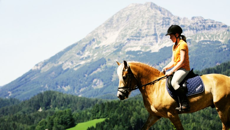 A female rider on a brown horse in front of a mountain backdrop.